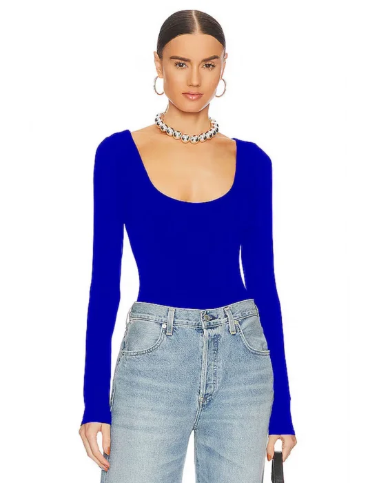 MetuCa Kadın Mavi Geniş U Yaka Uzun Kollu Sandy Kumaş Tanga Kesim Bodysuit Zıbın