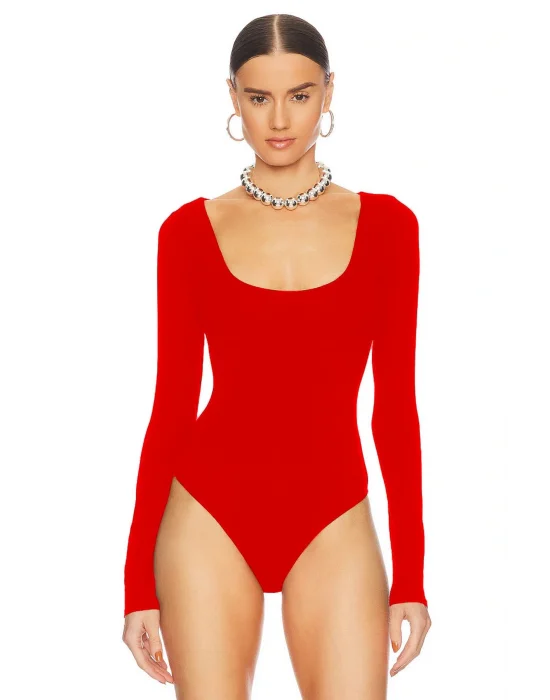 MetuCa Kadın Kırmızı Geniş U Yaka Uzun Kollu Sandy Kumaş Tanga Kesim Bodysuit Zıbın