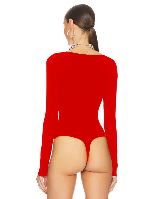 MetuCa Kadın Kırmızı Geniş U Yaka Uzun Kollu Sandy Kumaş Tanga Kesim Bodysuit Zıbın