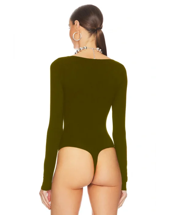 MetuCa Kadın Kahverengi Geniş U Yaka Uzun Kollu Sandy Kumaş Tanga Kesim Bodysuit Zıbın