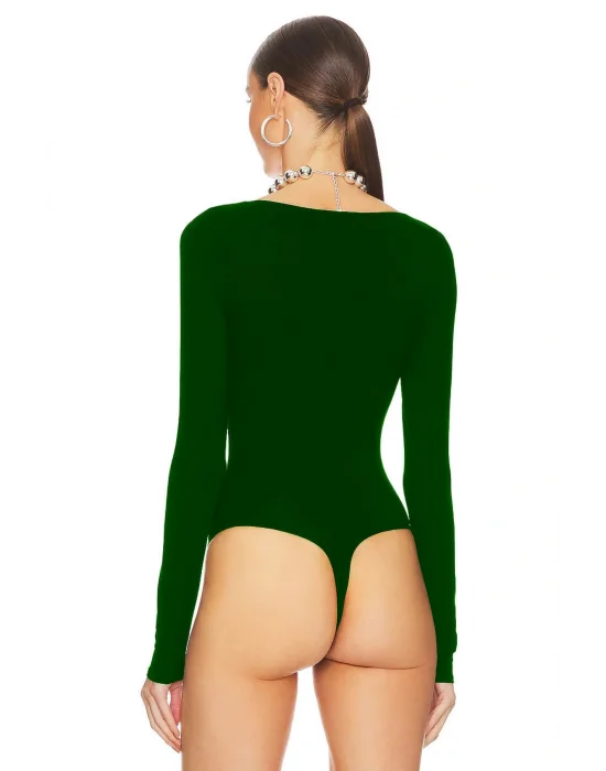 MetuCa Kadın Yeşil Geniş U Yaka Uzun Kollu Sandy Kumaş Tanga Kesim Bodysuit Zıbın
