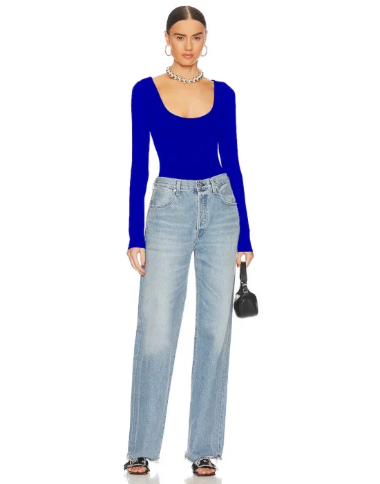 MetuCa Kadın Mavi Geniş U Yaka Uzun Kollu Sandy Kumaş Tanga Kesim Bodysuit Zıbın