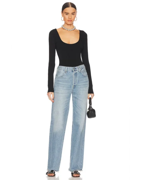 MetuCa Kadın Siyah Geniş U Yaka Uzun Kollu Sandy Kumaş Tanga Kesim Bodysuit Zıbın