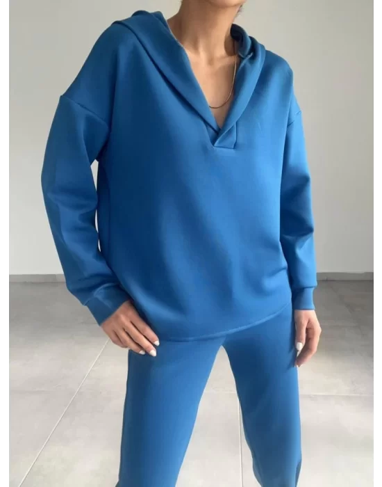 Kadın Uzun Kol V Yaka Kapüşon Detay Sweat Ve Yüksel Bel Eşofman Ikili Takım