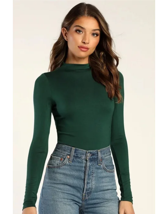 Kadın Uzun Kol Yeşil Ipek Jarse Bodysuit