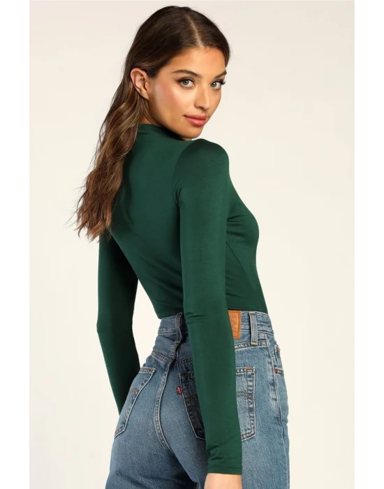 Kadın Uzun Kol Yeşil Ipek Jarse Bodysuit