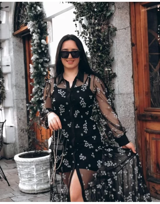 Kadın Uzun Kollu Astar Sandy Flok Kumaş Dışı Tül çiçek Desenli Elbise