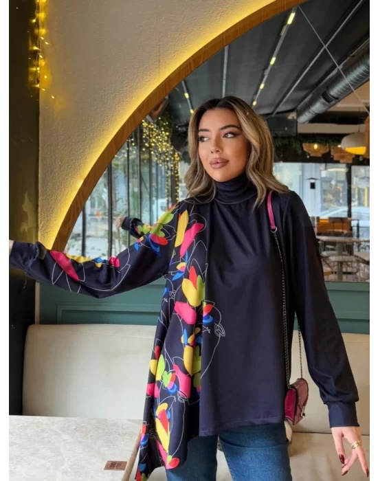 Kadın Uzun Kollu Balıkçı Yaka Asimetrik Kesim Dalgıç Kumaş Bluz