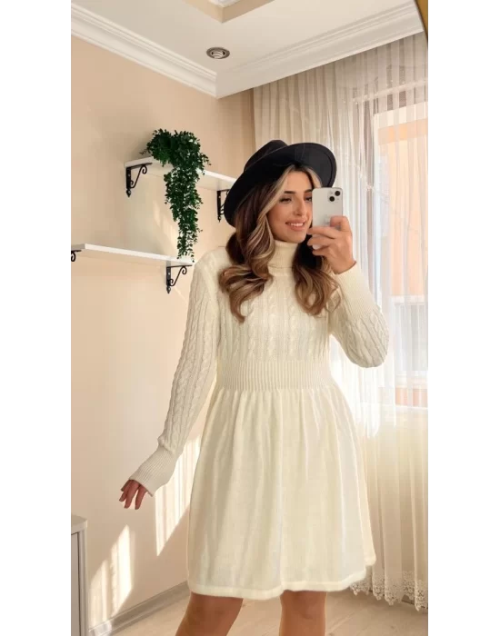 Kadın Uzun Kollu Balıkçı Yaka Belden Yaka Belden Büzgülü Kısa Triko Elbise