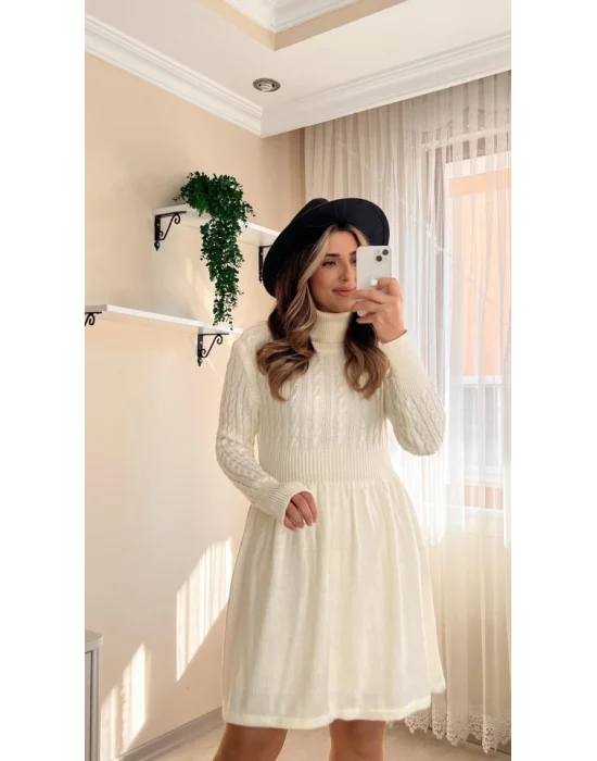 Kadın Uzun Kollu Balıkçı Yaka Belden Yaka Belden Büzgülü Kısa Triko Elbise