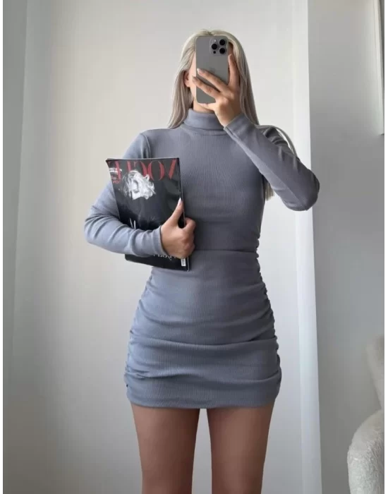 Kadın Uzun Kollu Balıkçı Yaka Büzgü Detay Kaşkorse Kumaş Mini Elbise