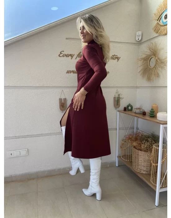 Kadın Uzun Kollu Balıkçı Yaka Derin Yırtmaç Detay Krep Elbise