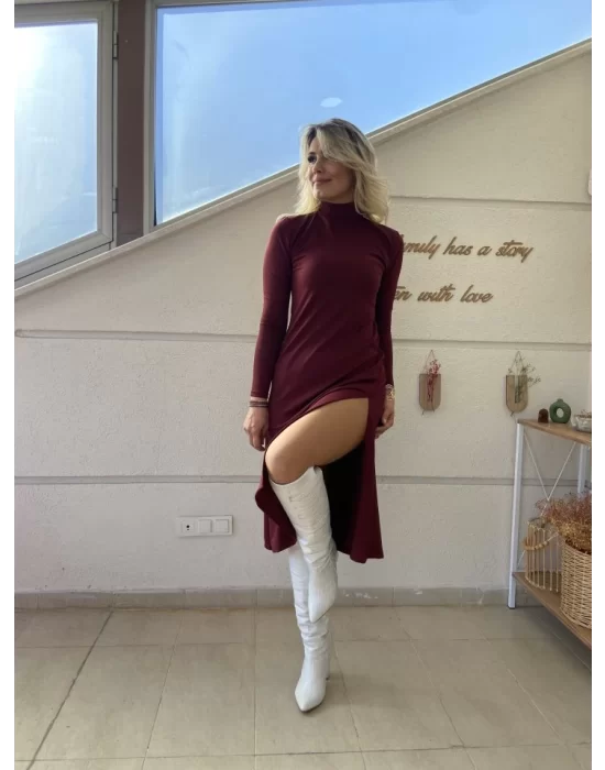 Kadın Uzun Kollu Balıkçı Yaka Derin Yırtmaç Detay Krep Elbise