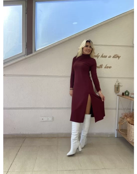 Kadın Uzun Kollu Balıkçı Yaka Derin Yırtmaç Detay Krep Elbise
