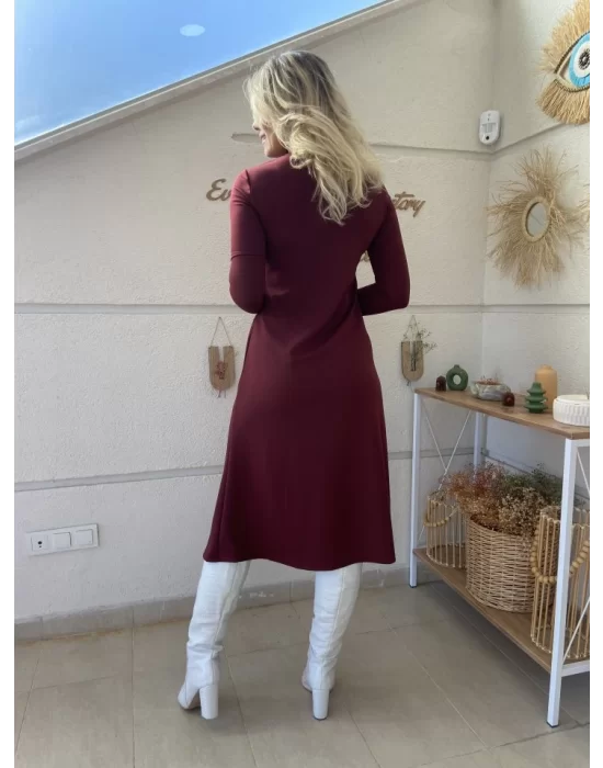 Kadın Uzun Kollu Balıkçı Yaka Derin Yırtmaç Detay Krep Elbise