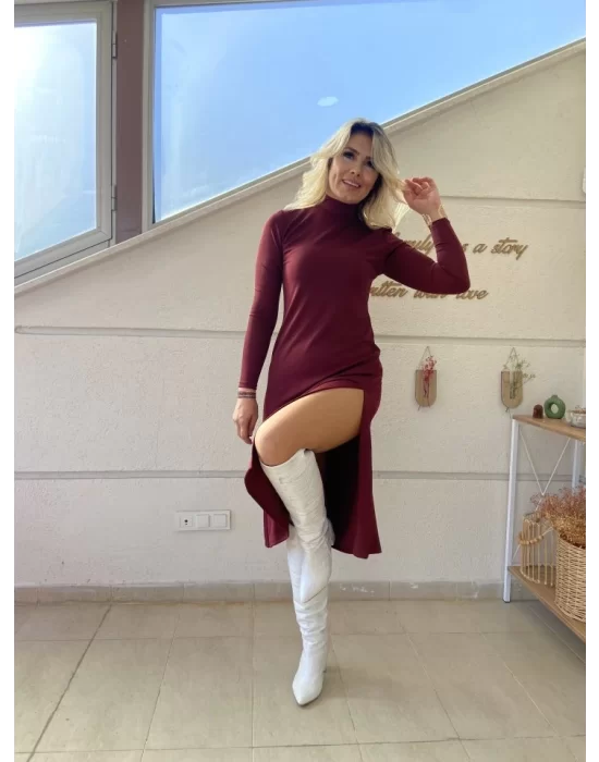 Kadın Uzun Kollu Balıkçı Yaka Derin Yırtmaç Detay Krep Elbise