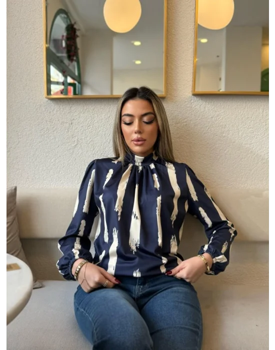 Kadın Uzun Kollu Balıkçı Yaka Desenli Dalgıç Bluz