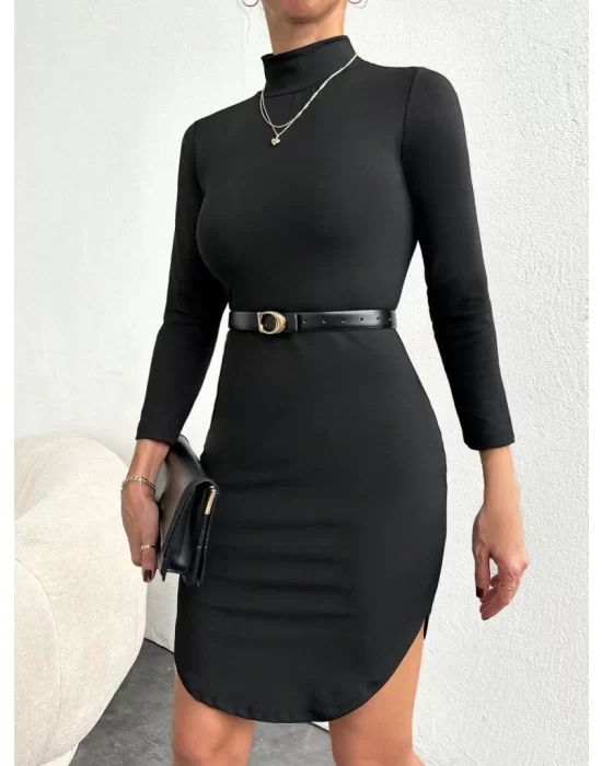 Kadın Uzun Kollu Balıkcı Yaka Elbise(kemersiz)
