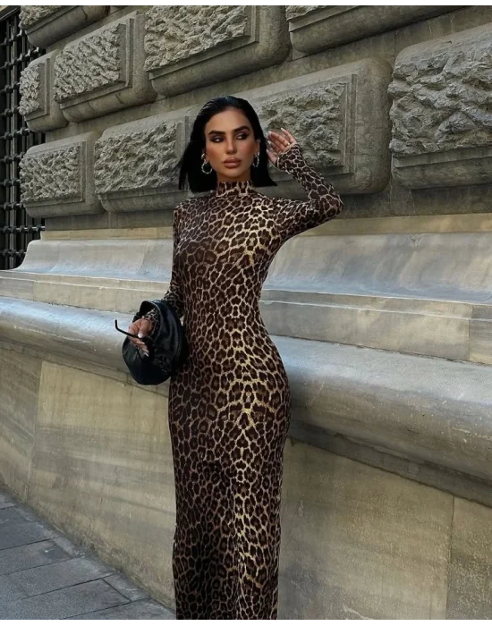 Kadın Uzun Kollu Balıkçı Yaka Gull Likralı Leopar Desen Maxi Boy Elbise