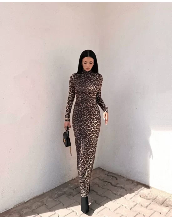 Kadın Uzun Kollu Balıkçı Yaka Gull Likralı Leopar Desen Maxi Boy Elbise