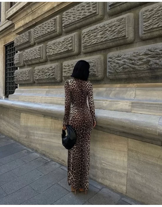 Kadın Uzun Kollu Balıkçı Yaka Gull Likralı Leopar Desen Maxi Boy Elbise