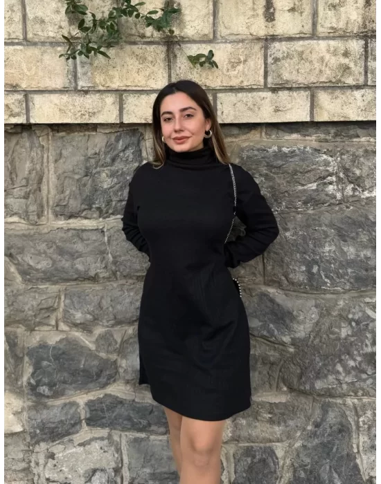 Kadın Uzun Kollu Balıkçı Yaka Kısa şardonlu Kaşkorse Elbise