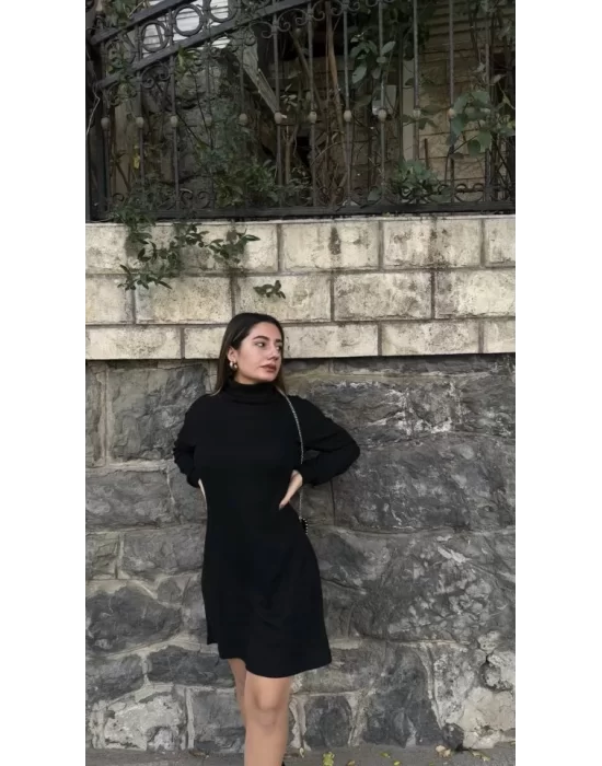 Kadın Uzun Kollu Balıkçı Yaka Kısa şardonlu Kaşkorse Elbise