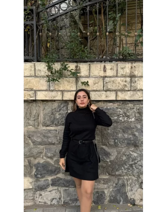 Kadın Uzun Kollu Balıkçı Yaka Kısa şardonlu Kaşkorse Elbise