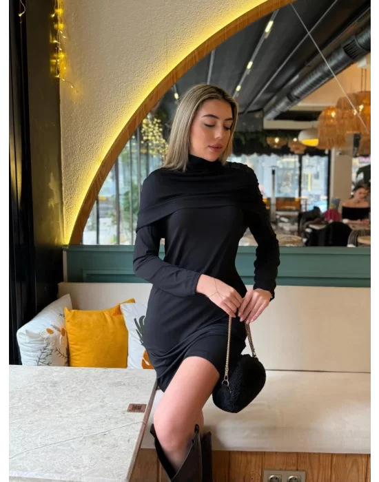 Kadın Uzun Kollu Balıkçı Yaka Omuz Katlamalı Dalgıç Kısa Elbise