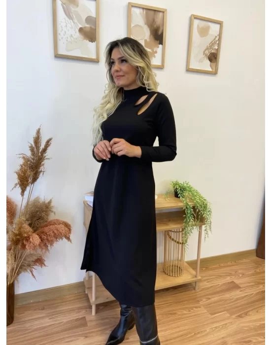 Kadın Uzun Kollu Balıkçı Yaka Omuzda Damla Detaylı Yırtmaçlı Krep Midi Elbise