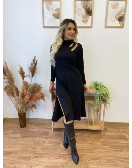 Kadın Uzun Kollu Balıkçı Yaka Omuzda Damla Detaylı Yırtmaçlı Krep Midi Elbise