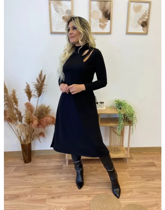 Kadın Uzun Kollu Balıkçı Yaka Omuzda Damla Detaylı Yırtmaçlı Krep Midi Elbise