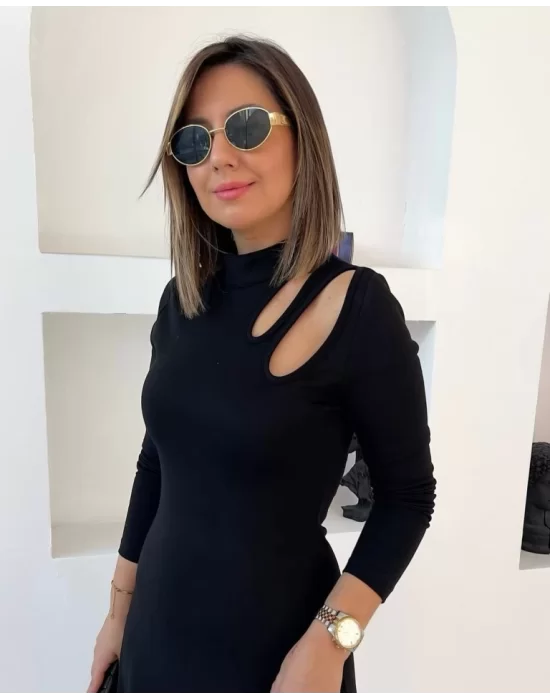 Kadın Uzun Kollu Balıkçı Yaka Omuzda Damla Detaylı Yırtmaçlı Krep Midi Elbise