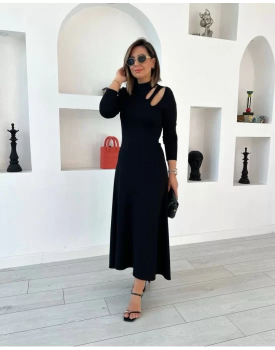 Kadın Uzun Kollu Balıkçı Yaka Omuzda Damla Detaylı Yırtmaçlı Krep Midi Elbise