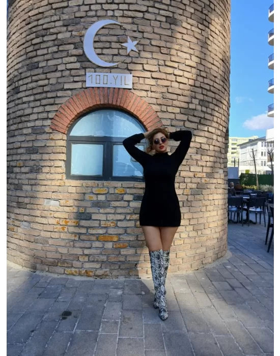 Kadın Uzun Kollu Balıkçı Yaka şardonlu Kaşkorse Elbise