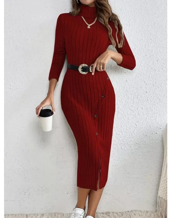 Kadın Uzun Kollu Balıkçı Yaka Yırtmaçlı Düğmeli şardonlu Kaşkorse Elbise(kemersiz)