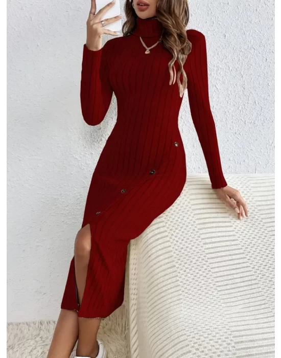 Kadın Uzun Kollu Balıkçı Yaka Yırtmaçlı Düğmeli şardonlu Kaşkorse Elbise(kemersiz)