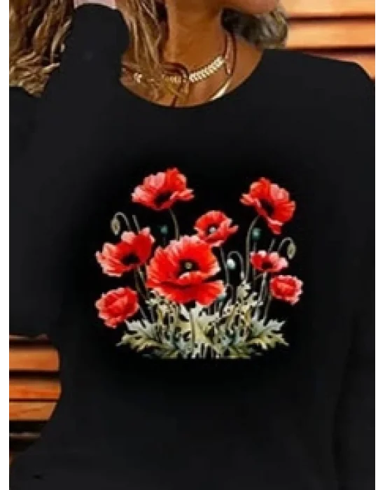 Kadın Uzun Kollu Bisiklet Yaka Baskılı Viskon Bluz