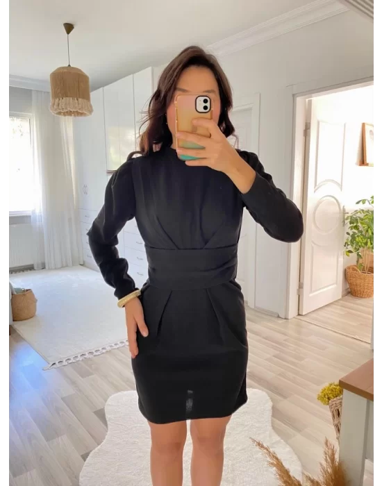 Kadın Uzun Kollu Bisiklet Yaka Bel Kemer Detay Ithal Krep Elbise