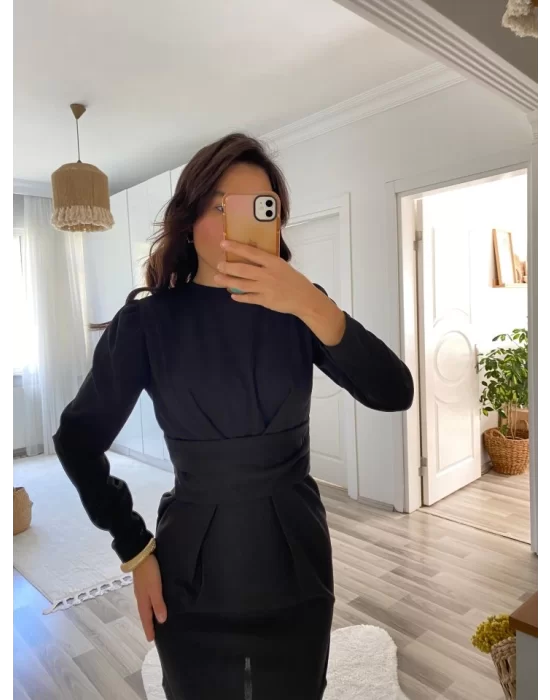 Kadın Uzun Kollu Bisiklet Yaka Bel Kemer Detay Ithal Krep Elbise