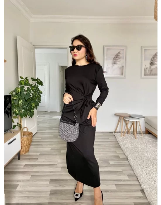 Kadın Uzun Kollu Bisiklet Yaka Belden çapraz Bağlamalı Yandan Yırtmaçlı Uzun Viskon Iki Iplik Elbise