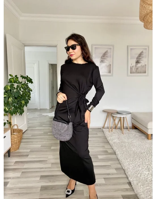 Kadın Uzun Kollu Bisiklet Yaka Belden çapraz Bağlamalı Yandan Yırtmaçlı Uzun Viskon Iki Iplik Elbise