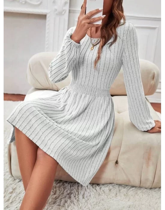 Kadın Uzun Kollu Bisiklet Yaka Beli Lastikli şardonlu Kaşkorse Mini Elbise