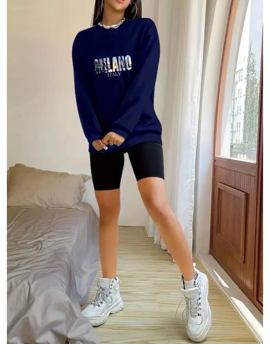 Kadın Uzun Kollu Bisiklet Yaka Desenli Viskon Iki Iplik Bluz