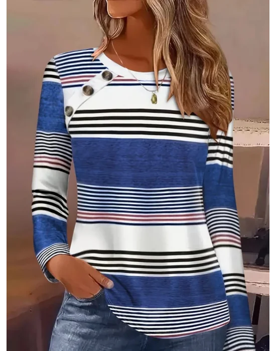 Kadın Uzun Kollu Bisiklet Yaka Düğme Detaylı Desenli Süprem Bluz