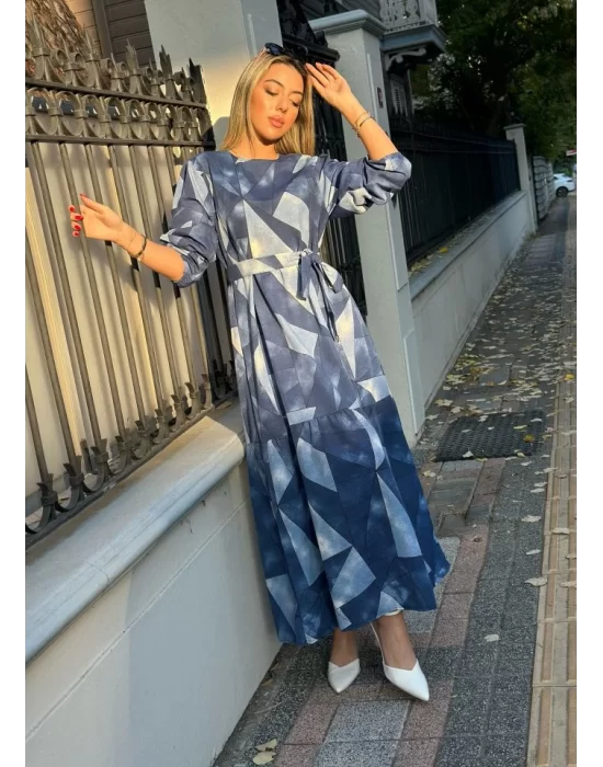 Kadın Uzun Kollu Bisiklet Yaka Geometrik Desen Baskılı Kuşak Dahil Maxi Boy Elbise