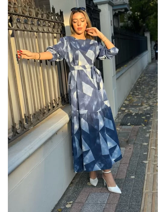 Kadın Uzun Kollu Bisiklet Yaka Geometrik Desen Baskılı Kuşak Dahil Maxi Boy Elbise