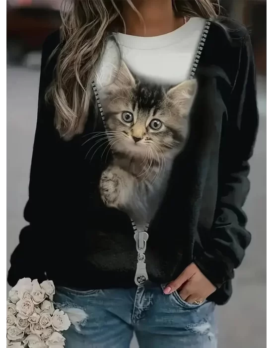 Kadın Uzun Kollu Bisiklet Yaka Kedi Baskılı şardonlu Dalgıç Bluz