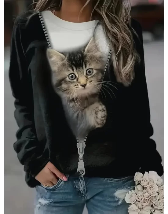 Kadın Uzun Kollu Bisiklet Yaka Kedi Baskılı şardonlu Dalgıç Bluz