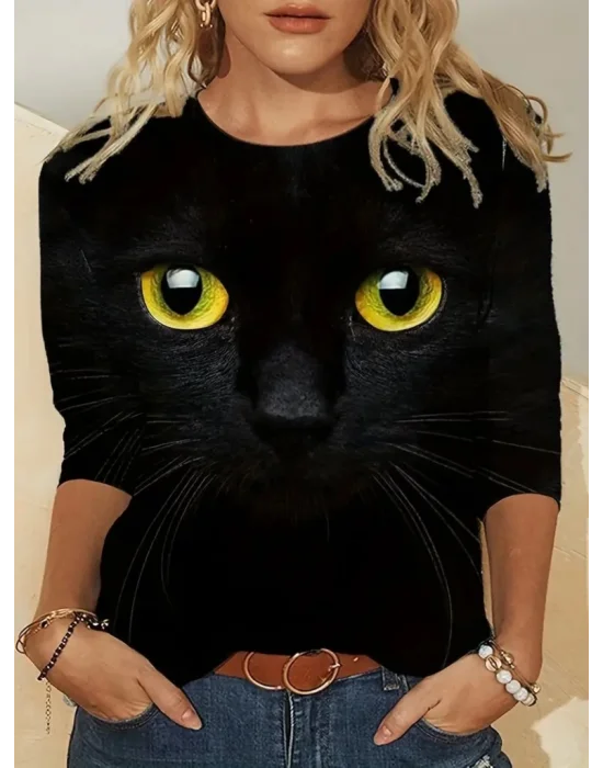 Kadın Uzun Kollu Bisiklet Yaka Kedi Desenli Süprem Bluz